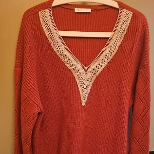 Elegant V-Neck Sweater with Lace Trim